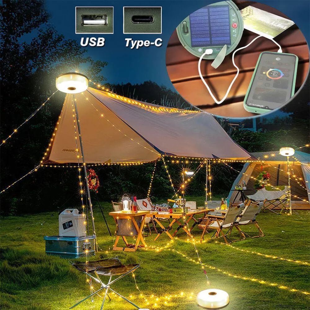 10M Portable Camping String Lights USB Rechargeable Lamps Waterproof Retractable