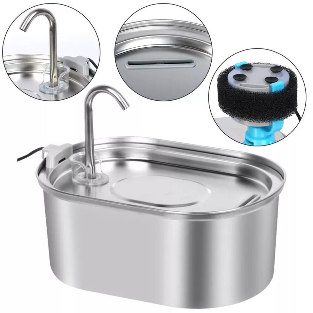 304 Stainless Steel Pet Water Fountain Dog Cat Drinking Dispenser Filter Feeder