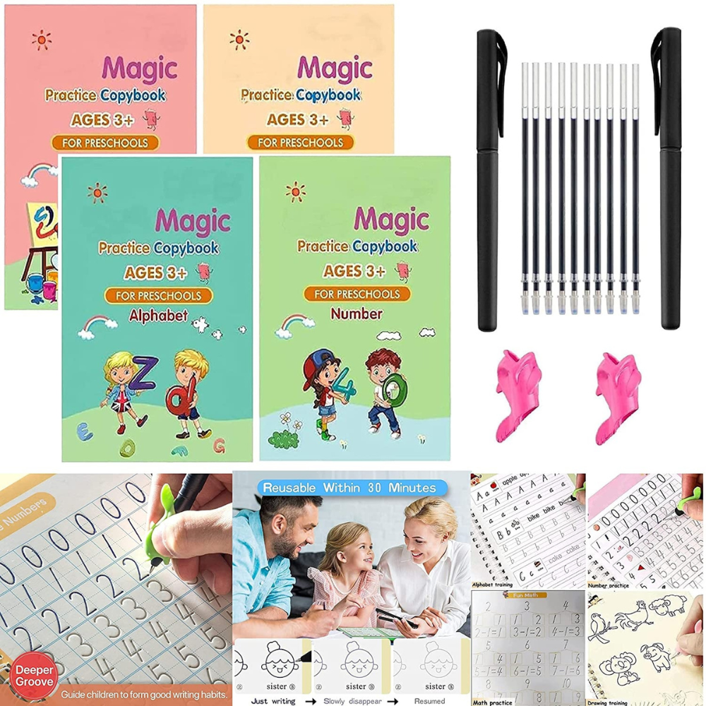 4 PACK - Kids Magic Handwriting Reusable Calligraphy Practice Copy Book