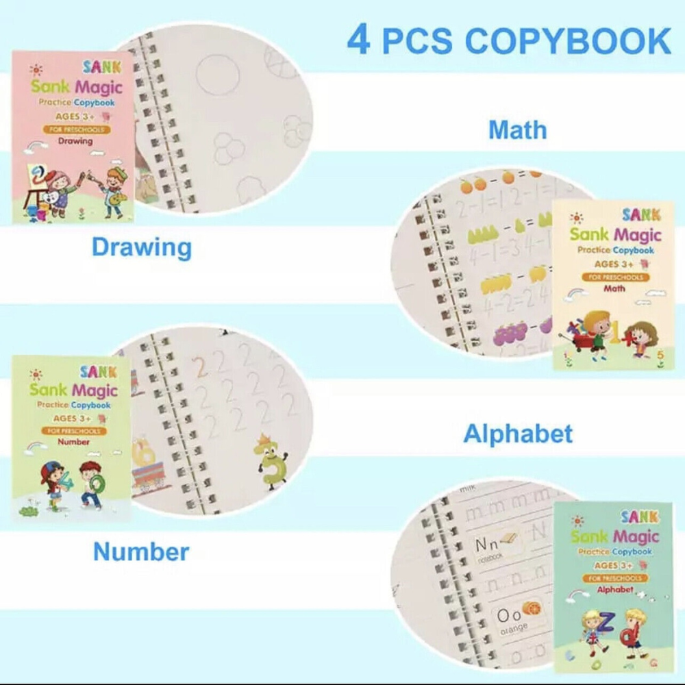 4 PACK - Kids Magic Handwriting Reusable Calligraphy Practice Copy Book