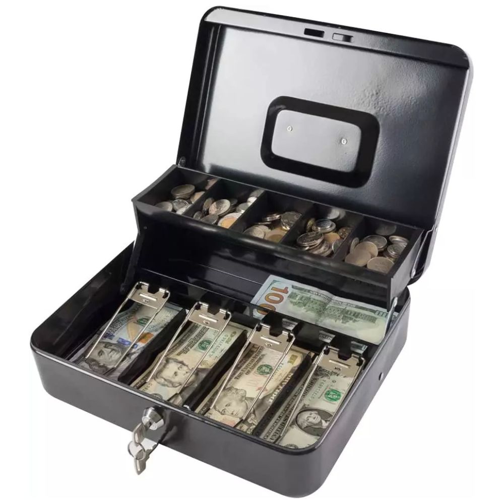 Cash Box Safe Portable Coin Box Metal Lock Security Bank with Storage Tray 2 Key