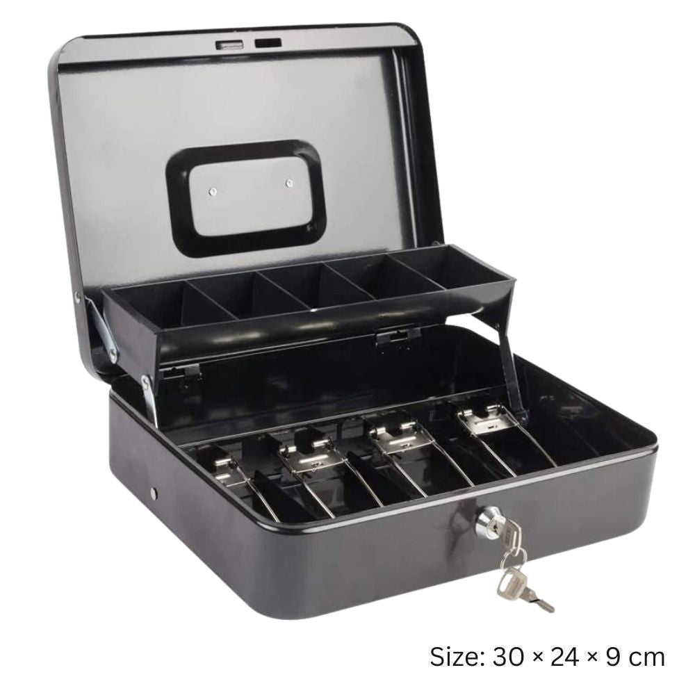 Cash Box Safe Portable Coin Box Metal Lock Security Bank with Storage Tray 2 Key