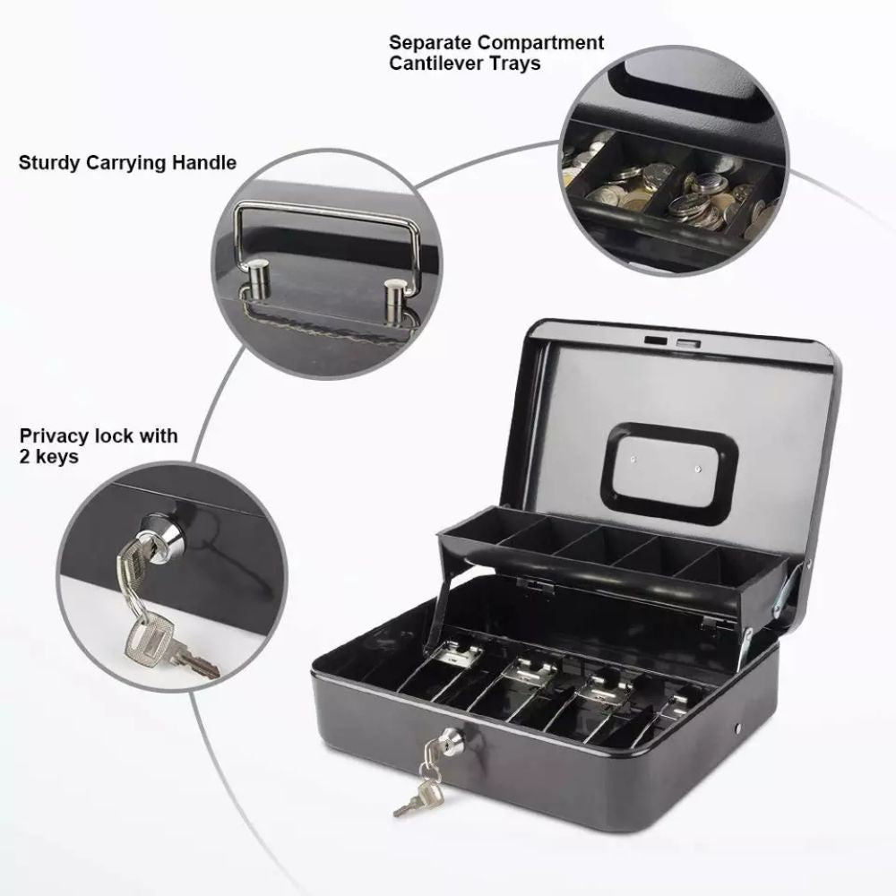 Cash Box Safe Portable Coin Box Metal Lock Security Bank with Storage Tray 2 Key
