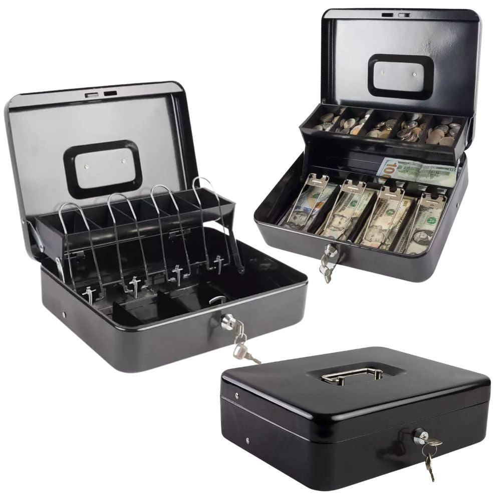 Cash Box Safe Portable Coin Box Metal Lock Security Bank with Storage Tray 2 Key