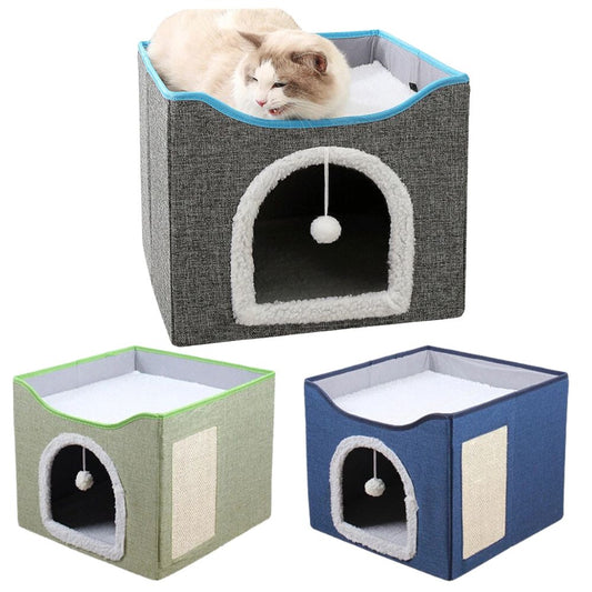 Foldable Pet Cat Calming Bed Hideaway Nest Scratching Board Interactive House