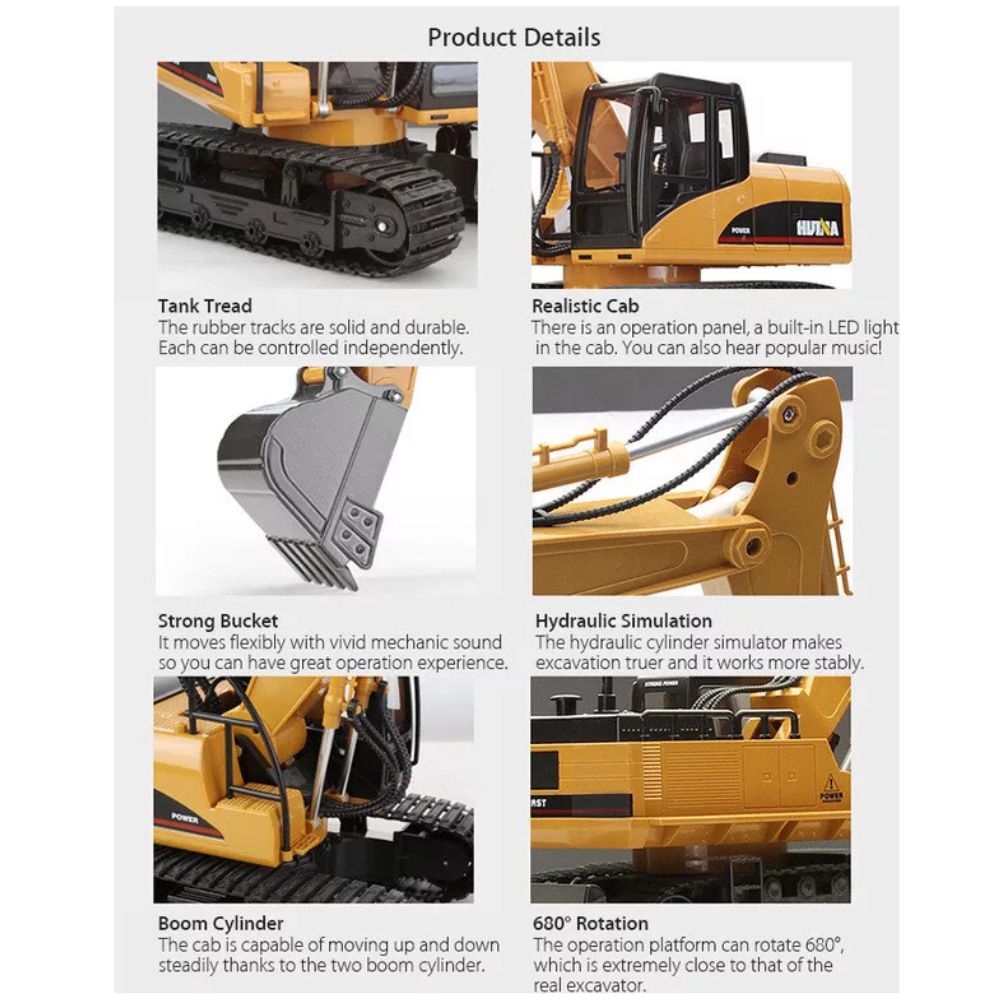 Huina 1550 Remote Control Car Excavator Toy Kids Engineering Digger