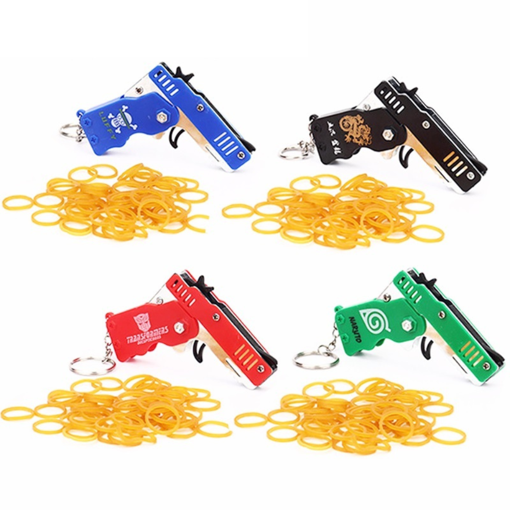Mini Metal Folding Rubber Band Gun With Keychain & 60 Rubber Bands