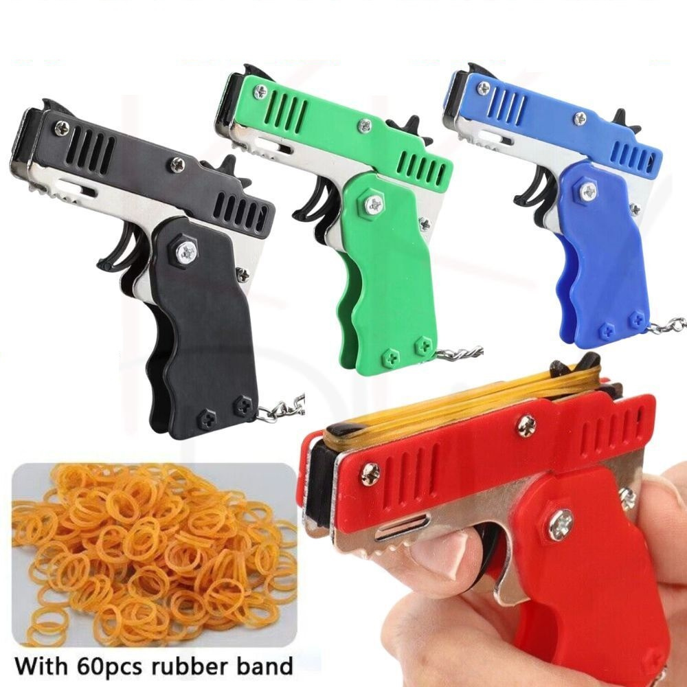 Mini Metal Folding Rubber Band Gun With Keychain & 60 Rubber Bands