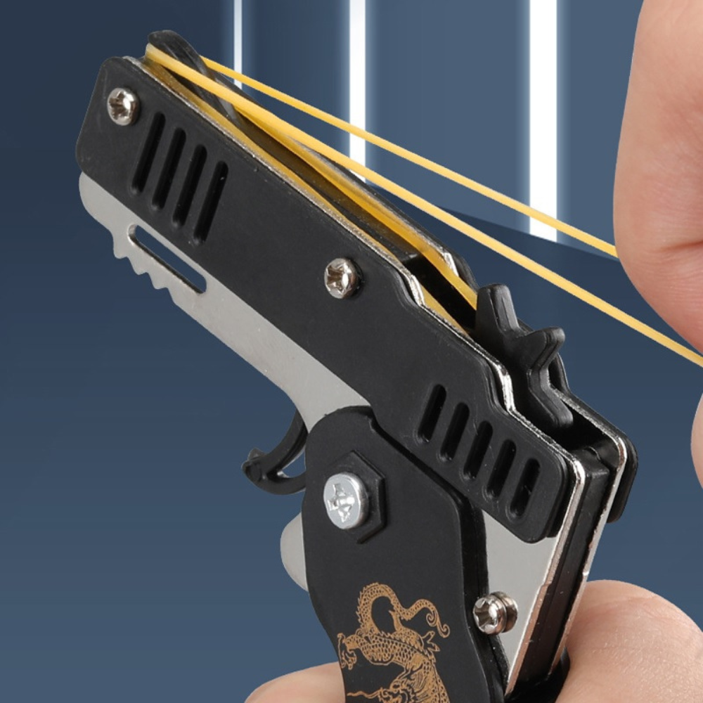 Mini Metal Folding Rubber Band Gun With Keychain & 60 Rubber Bands