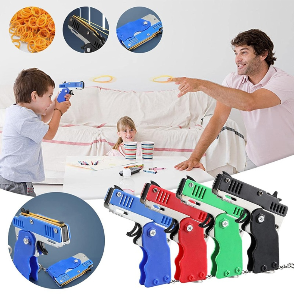 Mini Metal Folding Rubber Band Gun With Keychain & 60 Rubber Bands