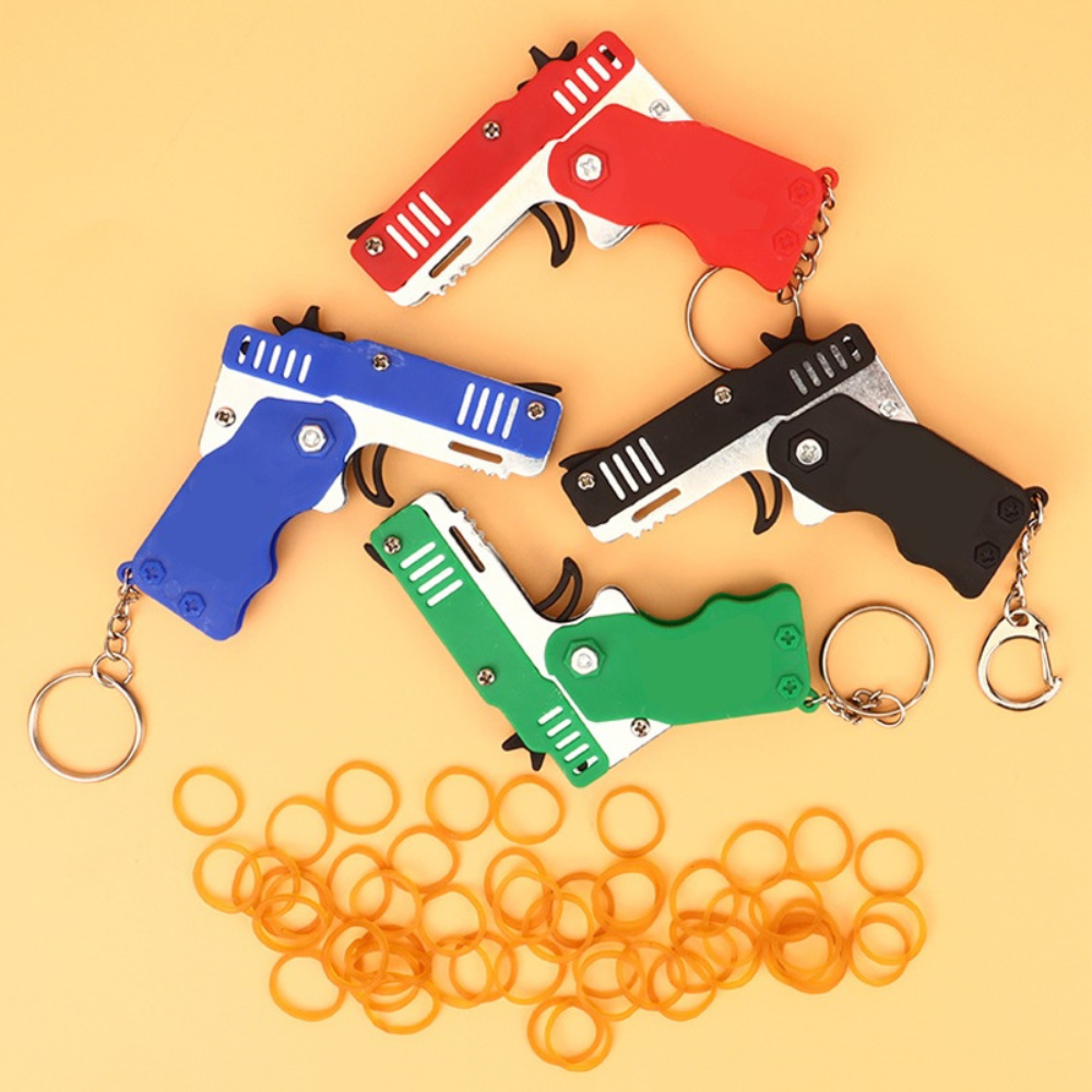 Mini Metal Folding Rubber Band Gun With Keychain & 60 Rubber Bands