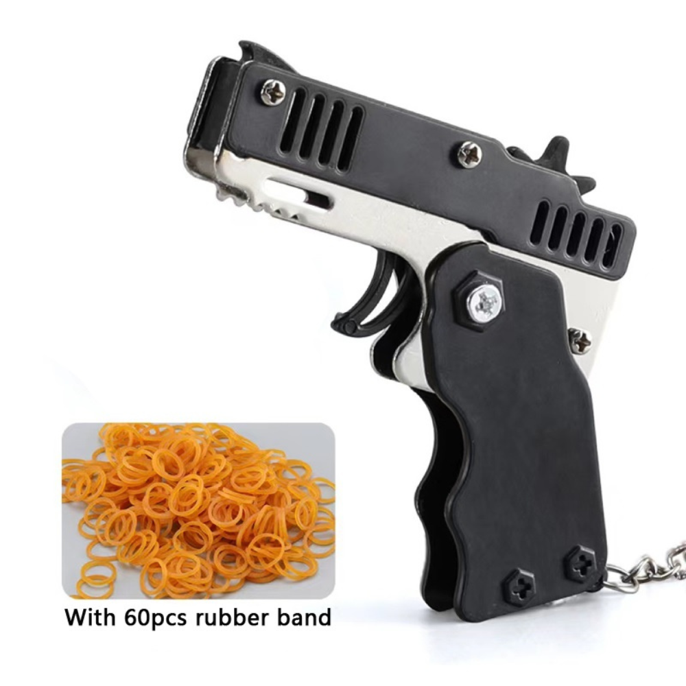 Mini Metal Folding Rubber Band Gun With Keychain & 60 Rubber Bands