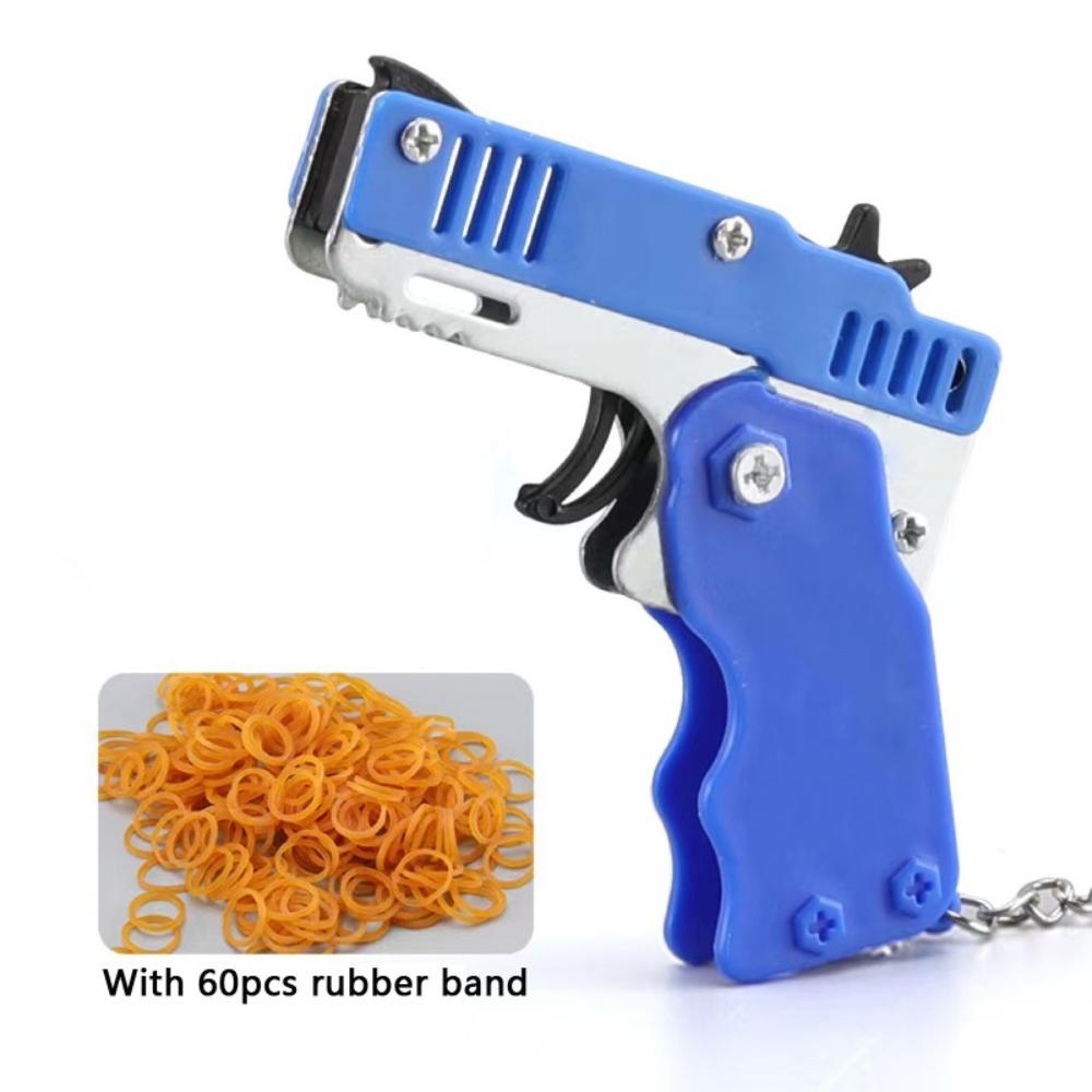 Mini Metal Folding Rubber Band Gun With Keychain & 60 Rubber Bands