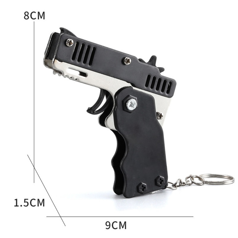 Mini Metal Folding Rubber Band Gun With Keychain & 60 Rubber Bands