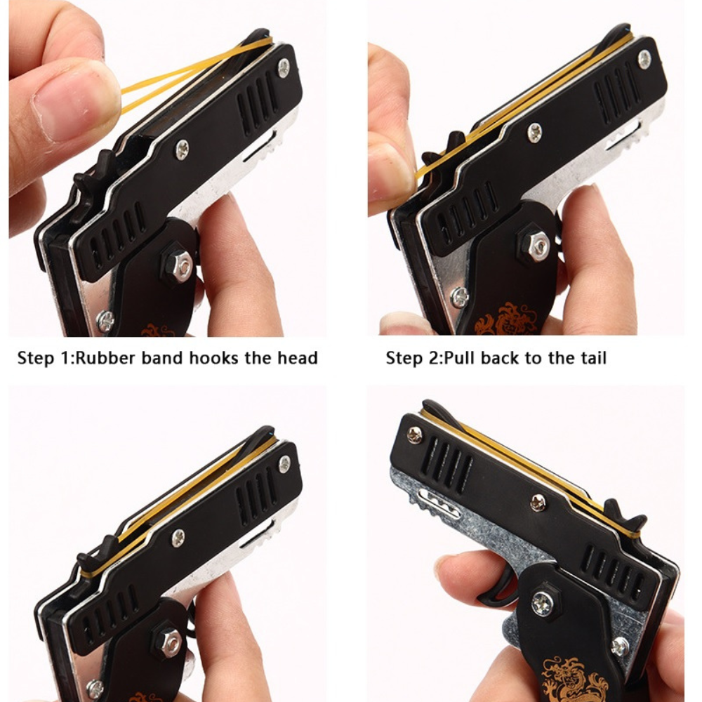 Mini Metal Folding Rubber Band Gun With Keychain & 60 Rubber Bands