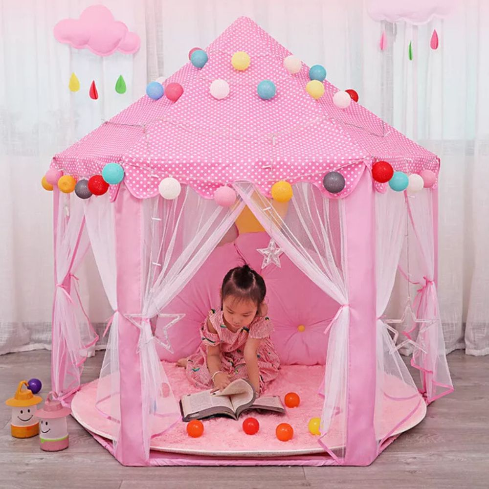 Pink Princess Castle Play Tent Kids Teepee Play House Outdoor Indoor