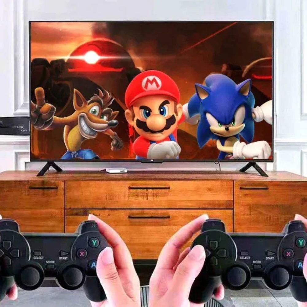 This upgraded game stick Retro Console features double wireless controllers and over 40000 pre-installed games, including classic favorites like Super Mario and Sonic, all in a compact 128GB Pocket Arcade.