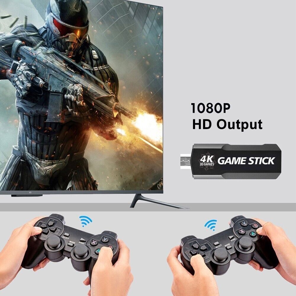 ith the PowKiddy X2 Plus Upgraded Game Stick Retro Console! With 1080P HD output, immerse yourself in stunning visuals while playing over 40000 games with the included 128GB Pocket Arcade.