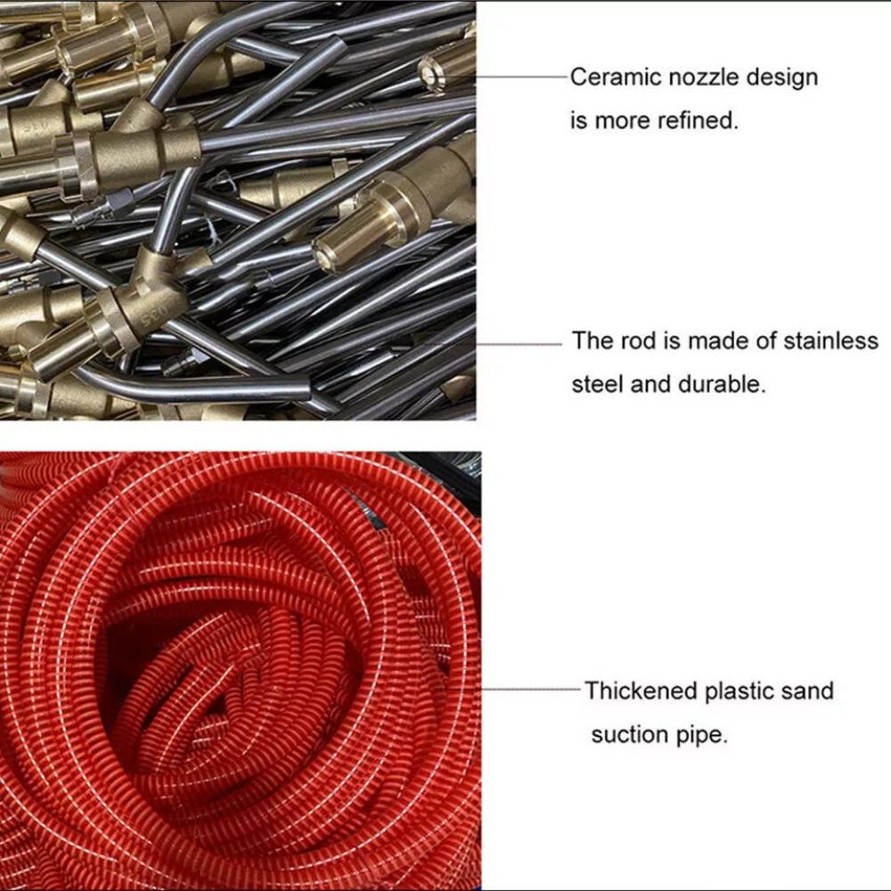 Designed with a ceramic nozzle, a durable stainless steel rod, and a thickened plastic sand suction pipe, this kit is perfect for high pressure wet blasting.