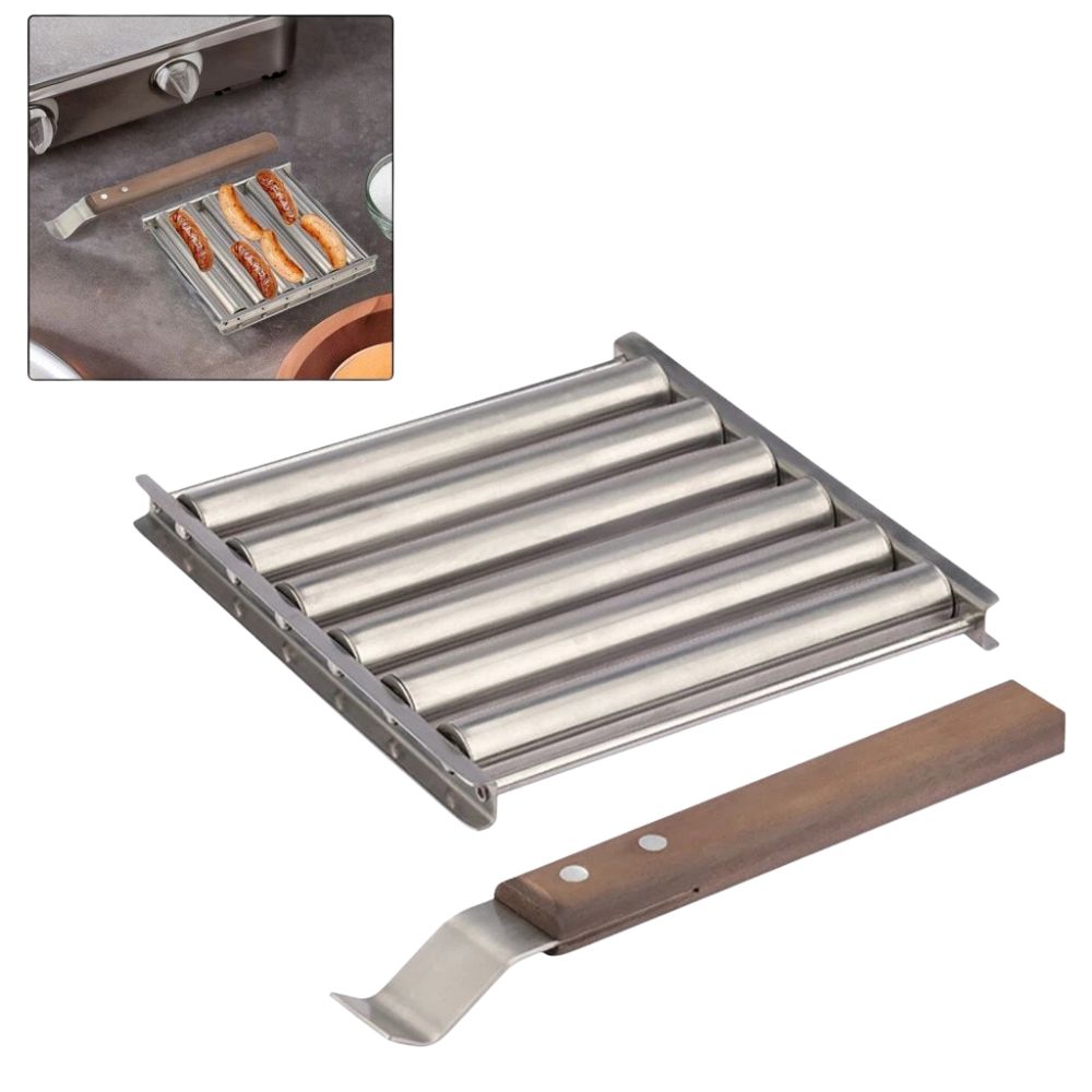 Stainless Steel Hot Dog Roller Sausage Roller Wood Handle BBQ Hot Dog Griller