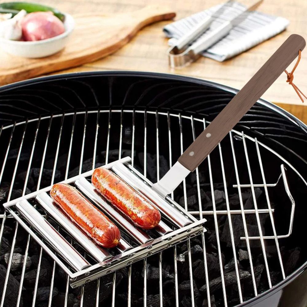 Stainless Steel Hot Dog Roller Sausage Roller Wood Handle BBQ Hot Dog Griller