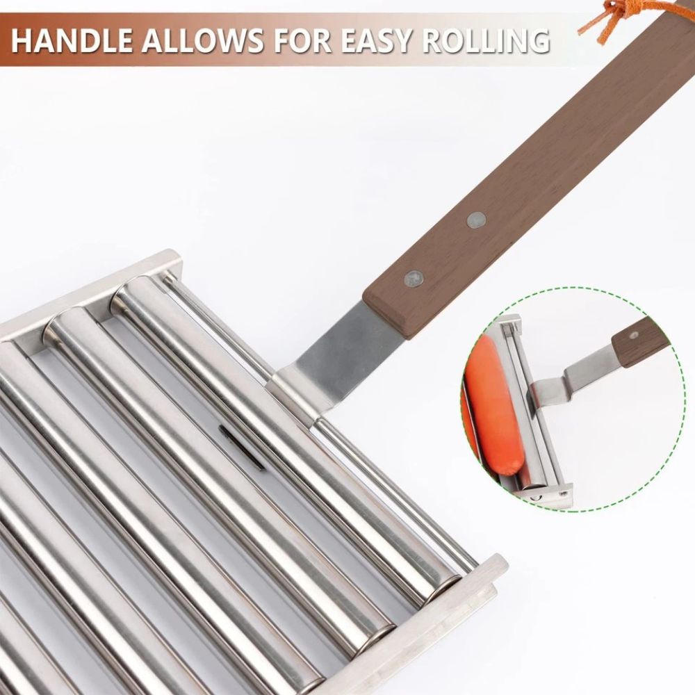 Stainless Steel Hot Dog Roller Sausage Roller Wood Handle BBQ Hot Dog Griller