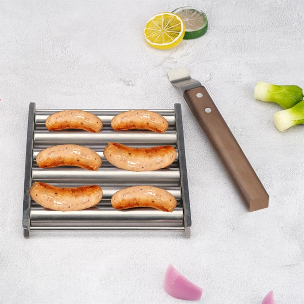 Stainless Steel Hot Dog Roller Sausage Roller Wood Handle BBQ Hot Dog Griller