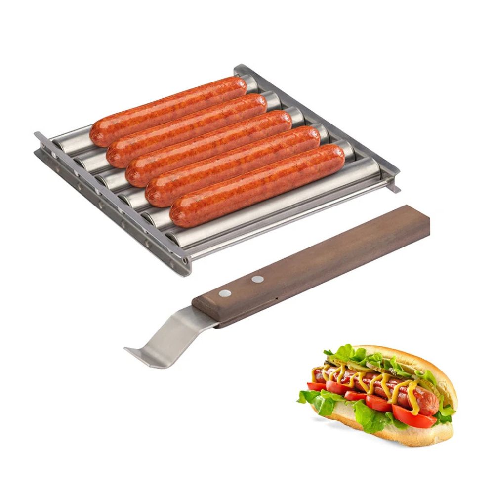 Stainless Steel Hot Dog Roller Sausage Roller Wood Handle BBQ Hot Dog Griller