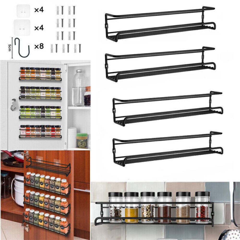 4PCS SET Kitchen Spice Rack Storage Organiser Shelves Wall Mount Kitchen Door Jar