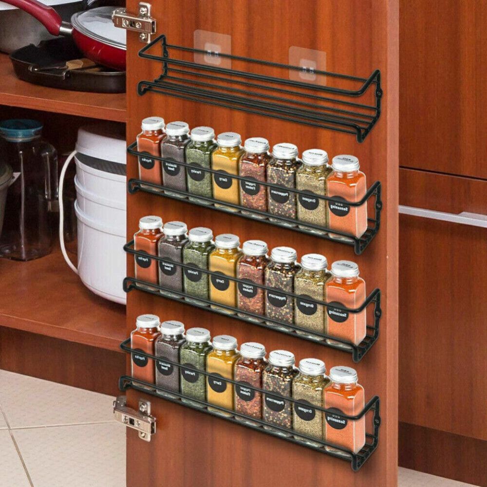 4PCS SET Kitchen Spice Rack Storage Organiser Shelves Wall Mount Kitchen Door Jar