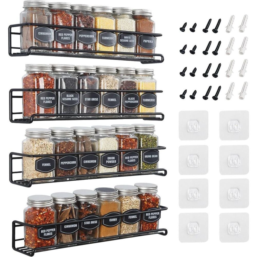 4PCS SET Kitchen Spice Rack Storage Organiser Shelves Wall Mount Kitchen Door Jar