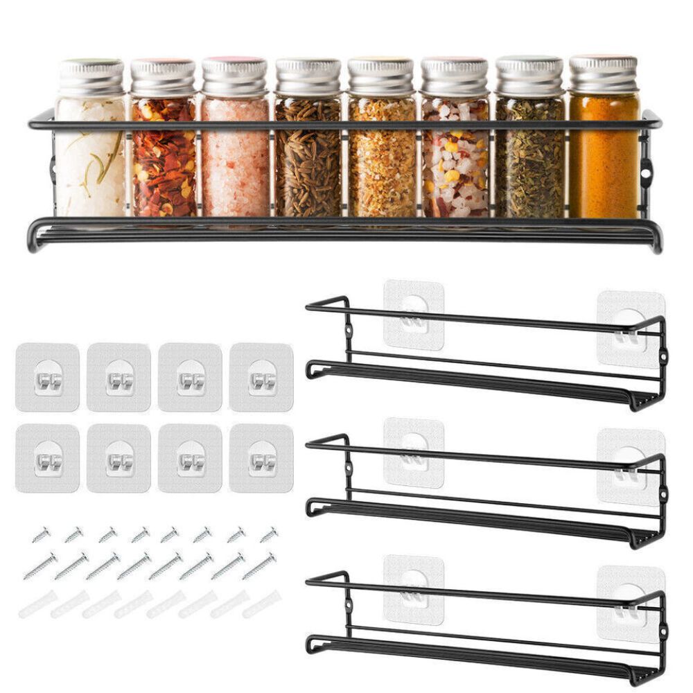 4PCS SET Kitchen Spice Rack Storage Organiser Shelves Wall Mount Kitchen Door Jar