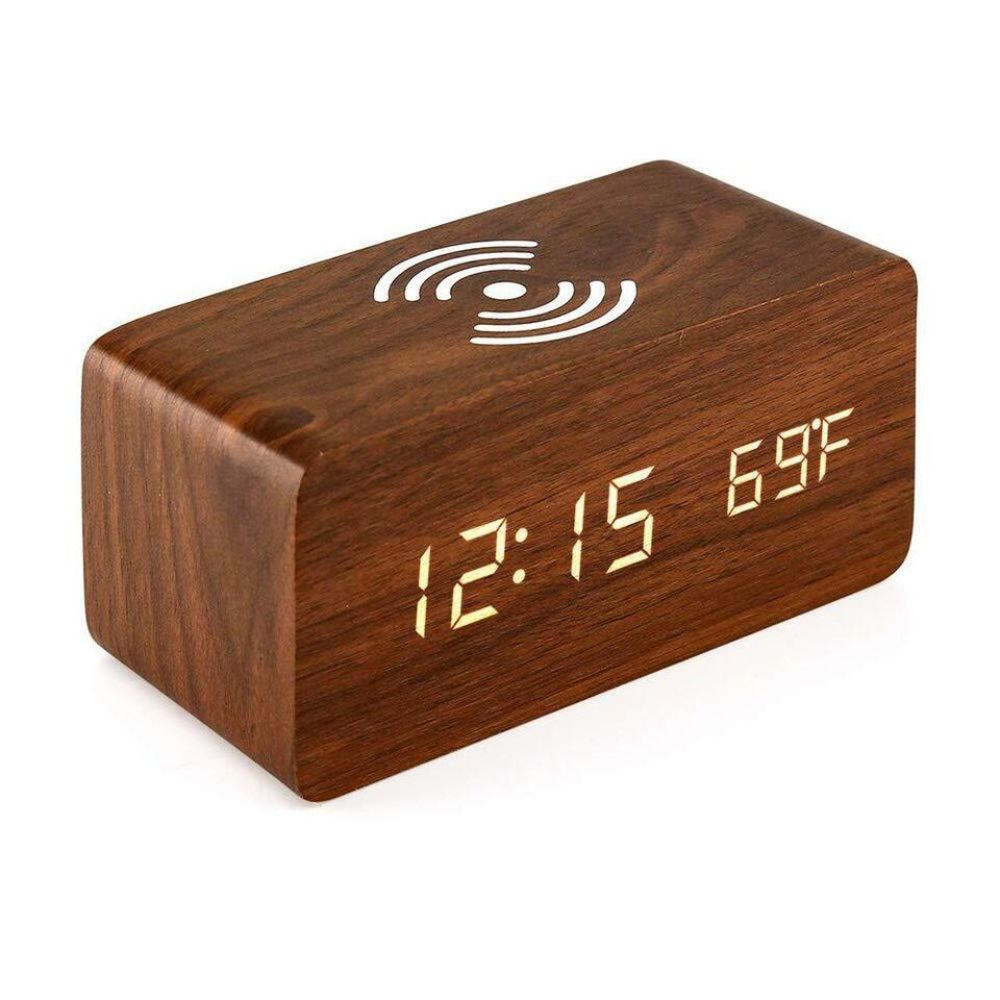 Digital Wooden Alarm Clock Table Desk Bedside LED Clock With Wireless Charger
