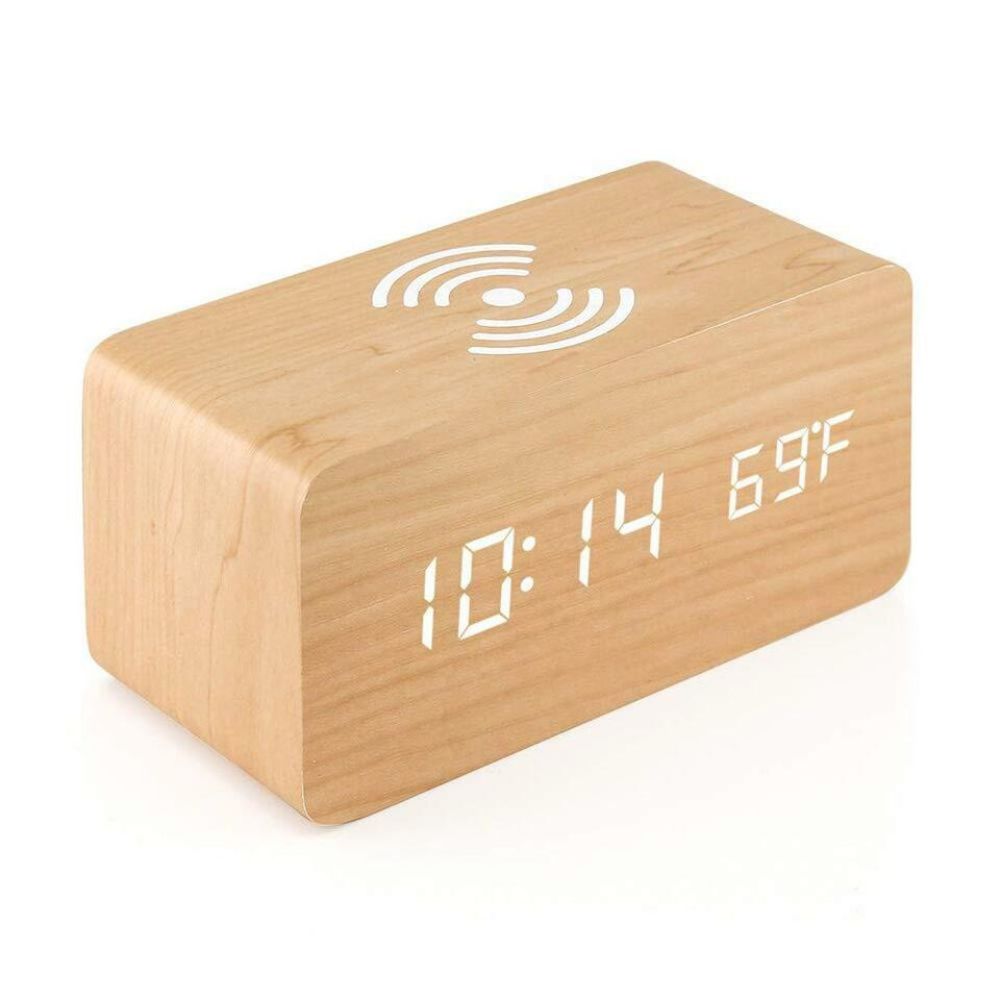Digital Wooden Alarm Clock Table Desk Bedside LED Clock With Wireless Charger