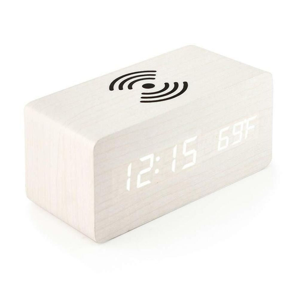 Digital Wooden Alarm Clock Table Desk Bedside LED Clock With Wireless Charger