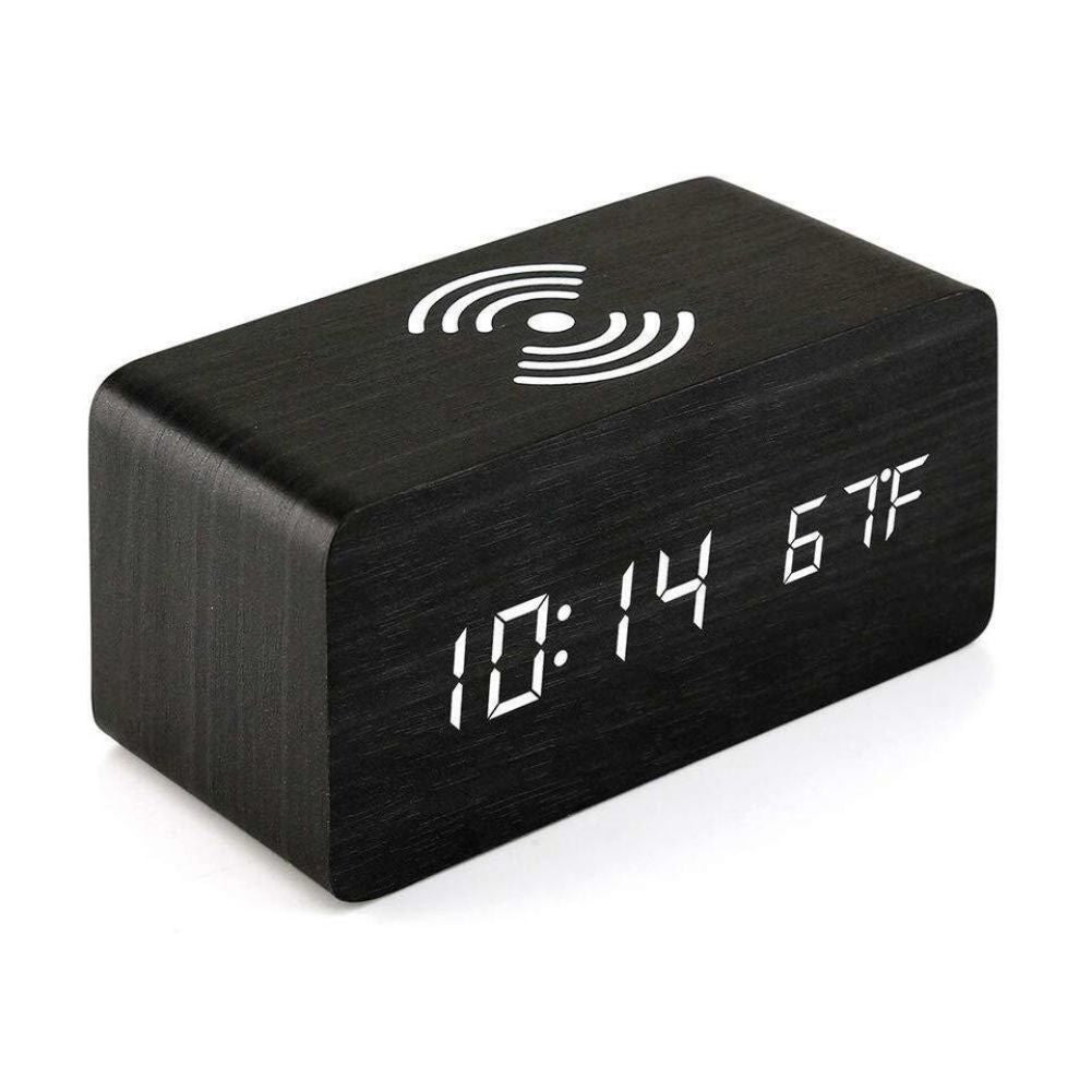 Digital Wooden Alarm Clock Table Desk Bedside LED Clock With Wireless Charger
