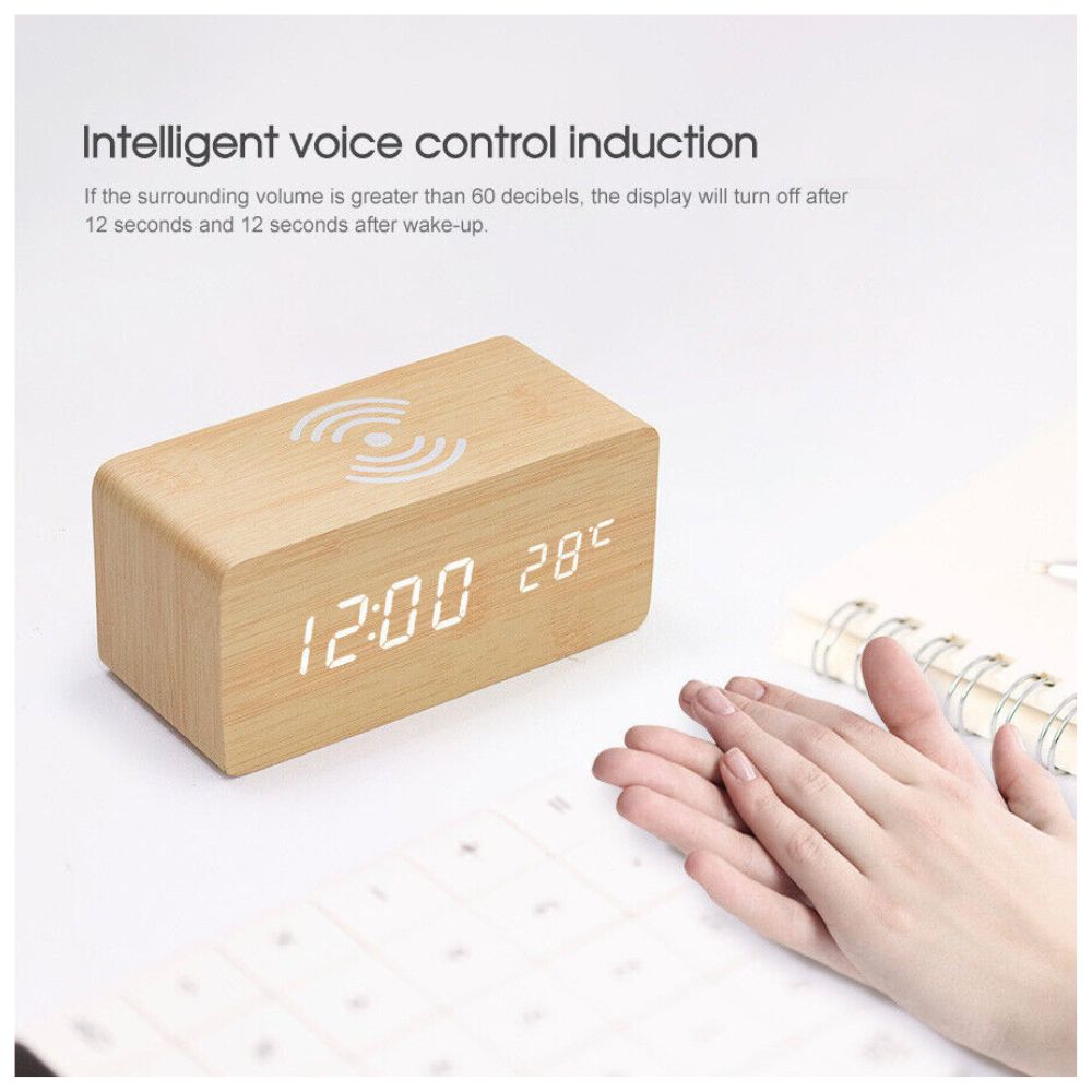 Digital Wooden Alarm Clock Table Desk Bedside LED Clock With Wireless Charger