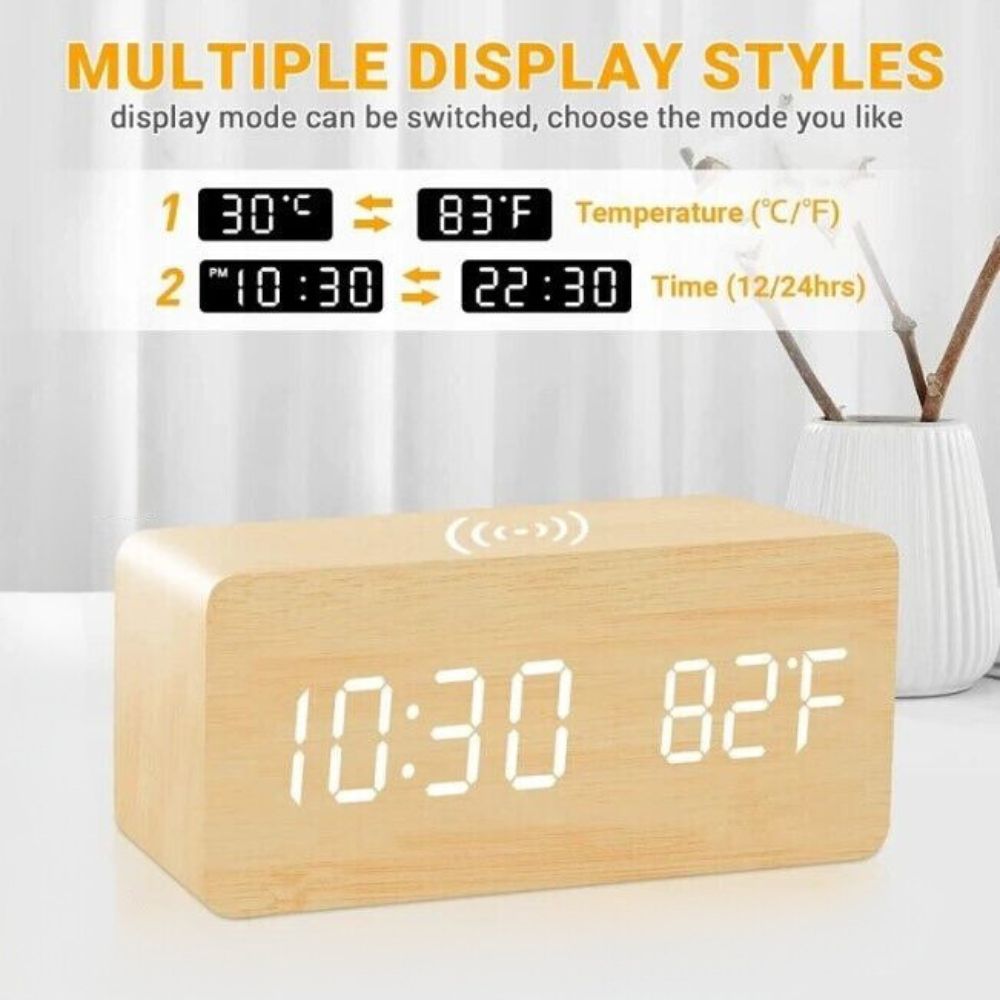 Digital Wooden Alarm Clock Table Desk Bedside LED Clock With Wireless Charger