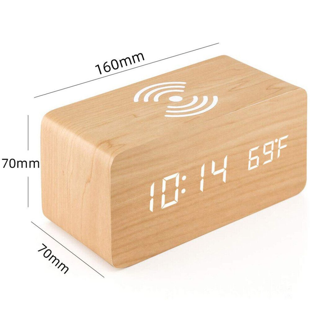 Digital Wooden Alarm Clock Table Desk Bedside LED Clock With Wireless Charger