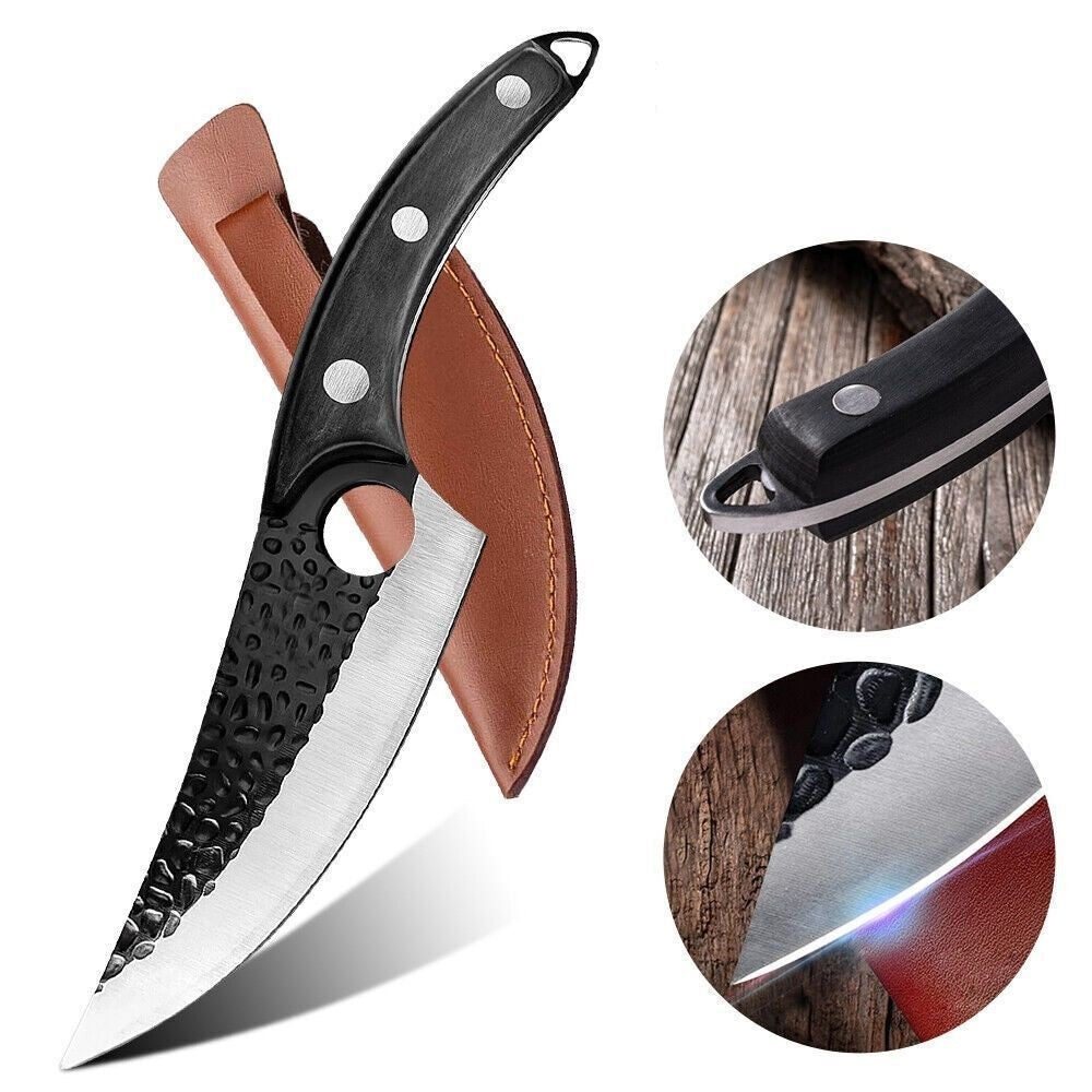 Hand Forged Professional Kitchen Boning Huusk Husk Knife with Leather Sheath Cover