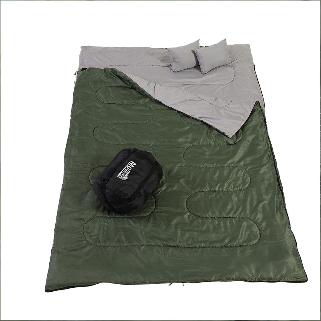 Army green Mountview double sleeping bag with two pillows that splits into two single bags
