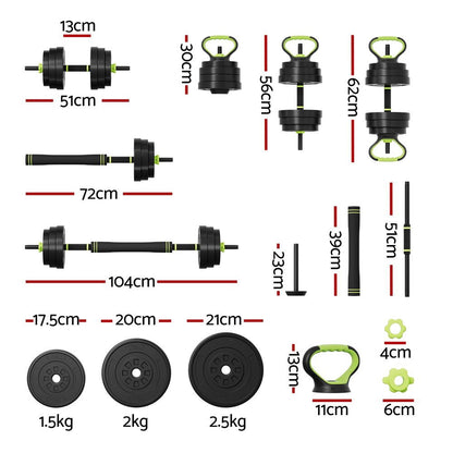 Everfit 25Kg Adjustable Dumbbell and Kettlebell Weight Set with Barbell Plates for Home Gym