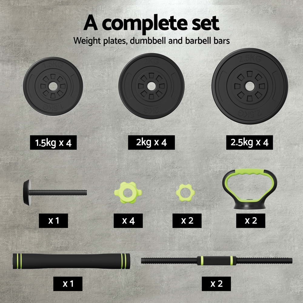 Everfit 25Kg Adjustable Dumbbell and Kettlebell Weight Set with Barbell Plates for Home Gym