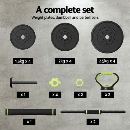 Everfit 25Kg Adjustable Dumbbell and Kettlebell Weight Set with Barbell Plates for Home Gym