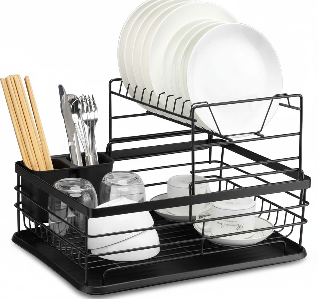 CARLA HOME 2-Tier Dish Drying Rack for Kitchen Counter with Removable Drip Tray, Utensil Holder and Cutlery Organizer (Black)-2050057500035780608