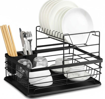 CARLA HOME 2-Tier Dish Drying Rack for Kitchen Counter with Removable Drip Tray, Utensil Holder and Cutlery Organizer (Black)-2050057500035780608