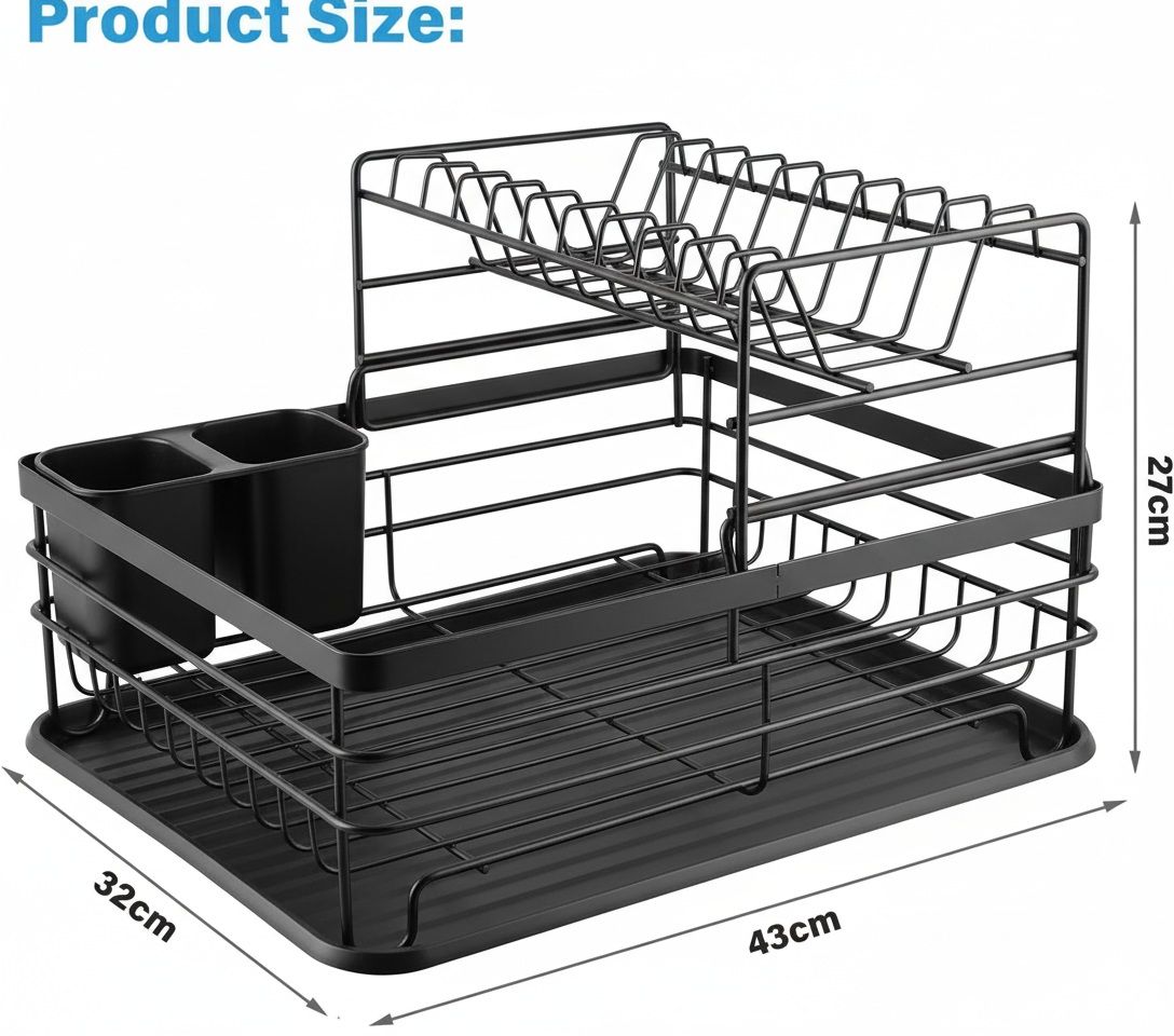 CARLA HOME 2-Tier Dish Drying Rack for Kitchen Counter with Removable Drip Tray, Utensil Holder and Cutlery Organizer (Black)-2050057500035780609
