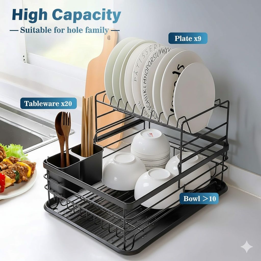 CARLA HOME 2-Tier Dish Drying Rack for Kitchen Counter with Removable Drip Tray, Utensil Holder and Cutlery Organizer (Black)-2050057500035780610