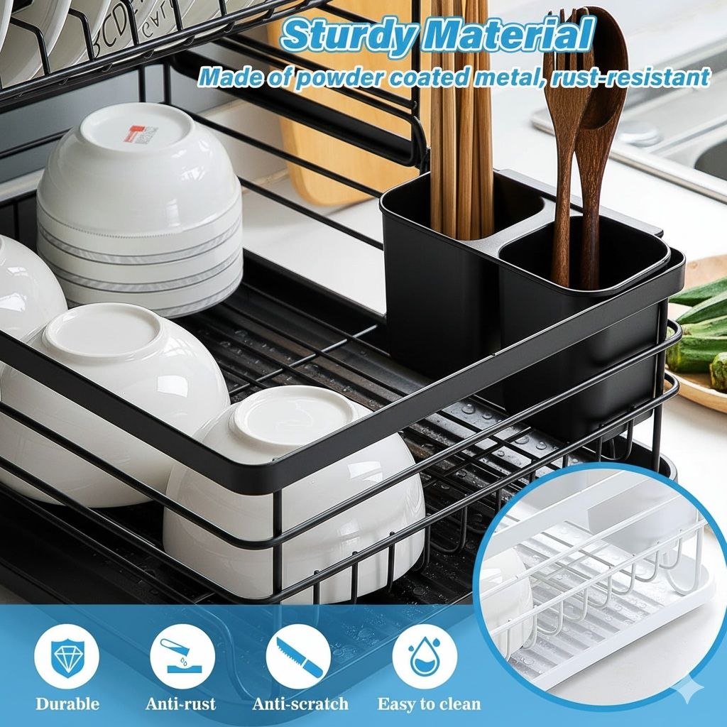 CARLA HOME 2-Tier Dish Drying Rack for Kitchen Counter with Removable Drip Tray, Utensil Holder and Cutlery Organizer (Black)-2050057500035780611