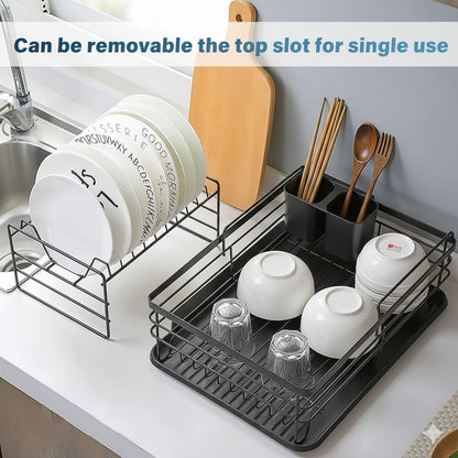 CARLA HOME 2-Tier Dish Drying Rack for Kitchen Counter with Removable Drip Tray, Utensil Holder and Cutlery Organizer (Black)-2050057500035780612